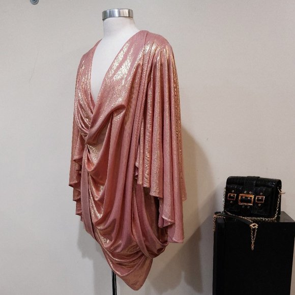 💥BOMBSHELL!💥Asymmetrical Draped Kimono Sleeve Dress in Metallic Pink - Picture 10 of 16